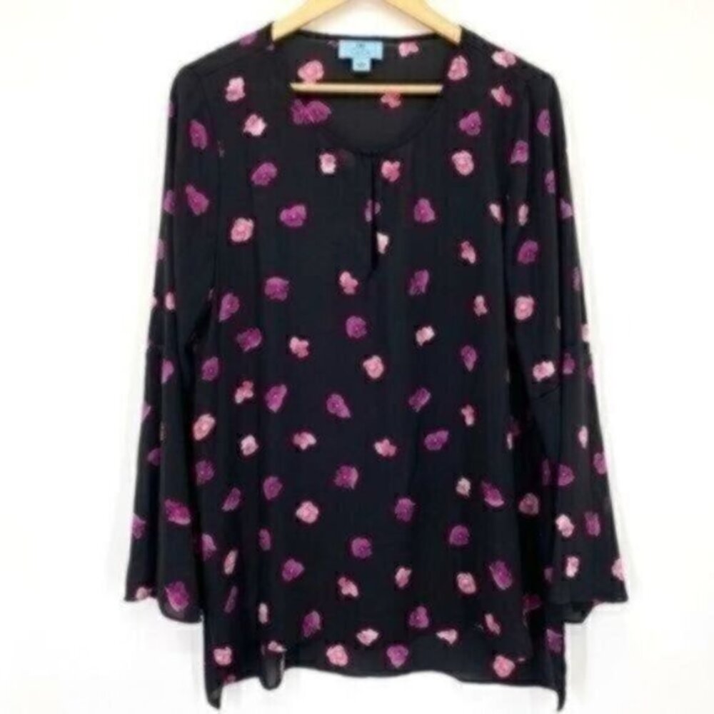 Cece Women's Sheer Black Floral Pansy Tunic Blouse Top